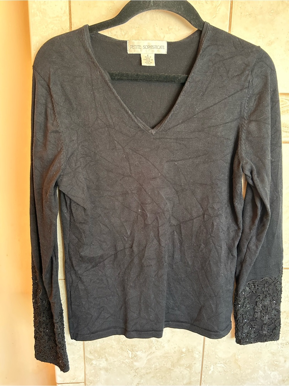 Petite Sophisticate Black V-Neck Long Sleeve Top with Embellished Cuffs